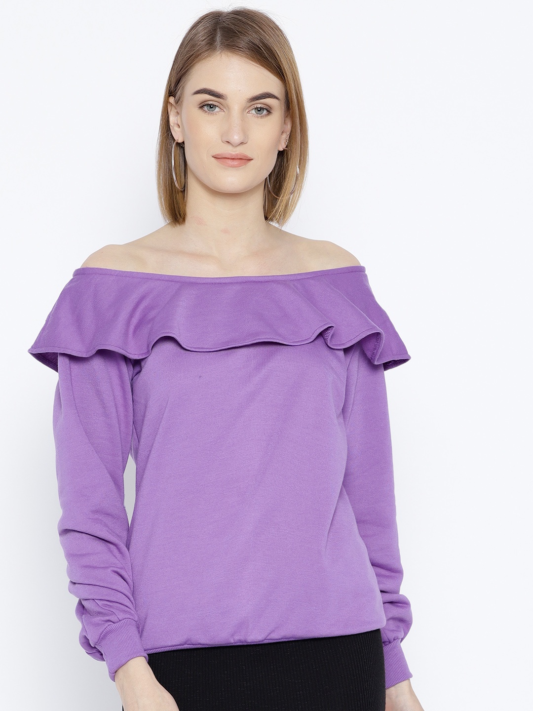 

Belle Fille Women Purple Solid Off-Shoulder Sweatshirt