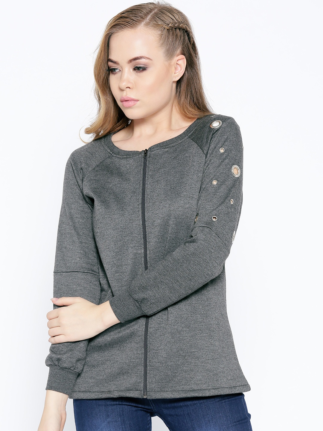 

Belle Fille Women Charcoal Grey Solid Sweatshirt