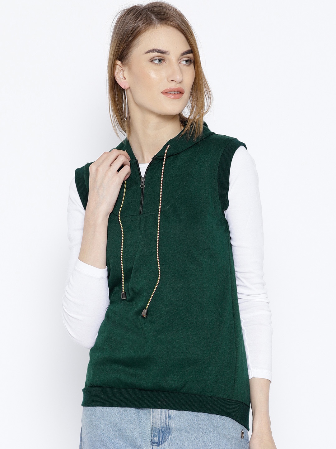 

Belle Fille Women Green Solid Hooded Sweatshirt