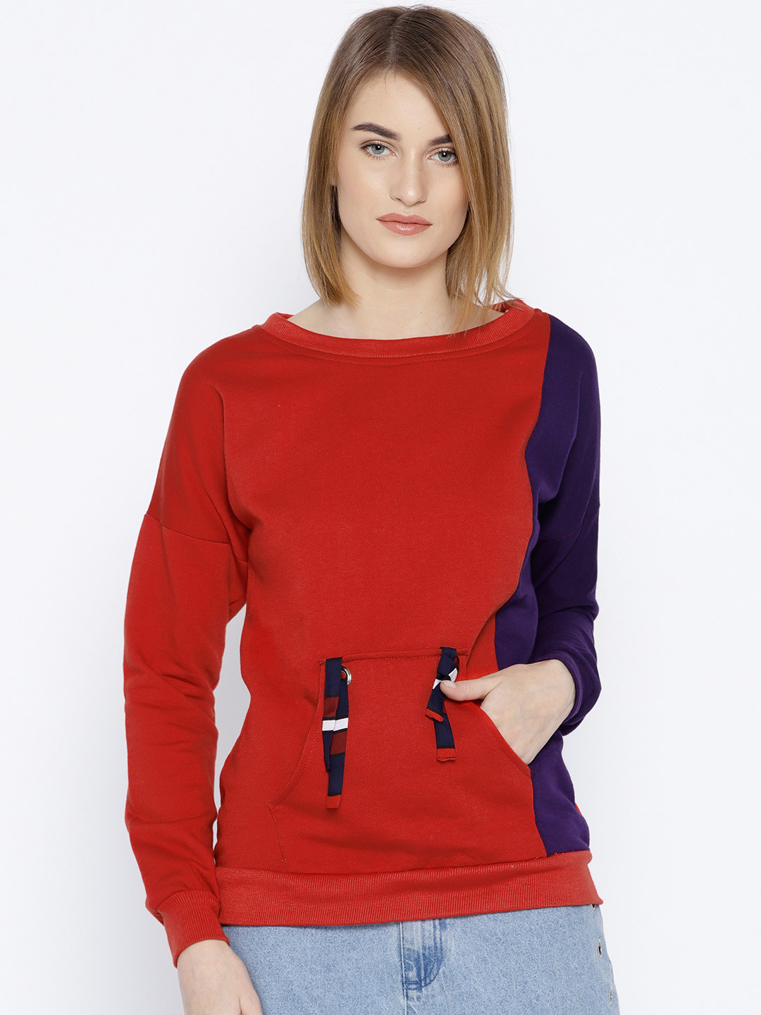 

Belle Fille Women Red & Purple Colourblocked Sweatshirt