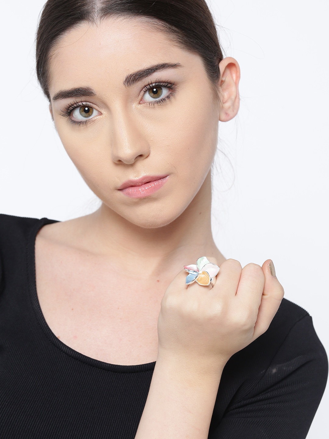 

PRITA Multicoloured Silver-Plated Floral Enamelled Elasticated Ring, Multi