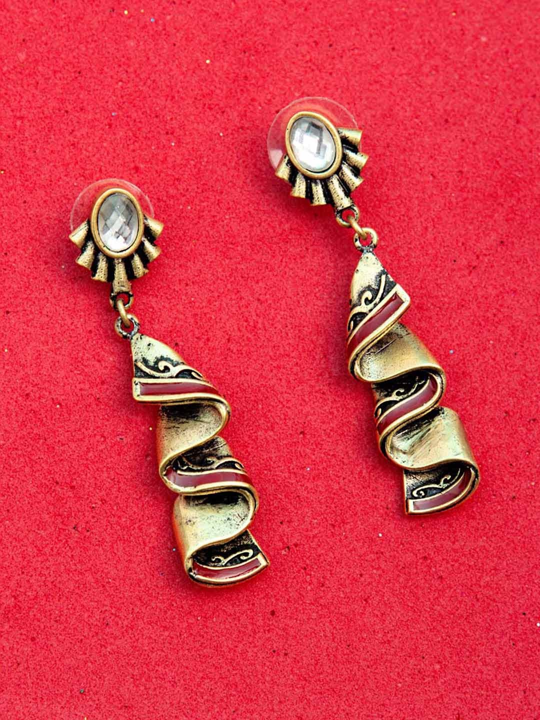 

Voylla Gold-Plated & Maroon Contemporary Handcrafted Drop Earrings