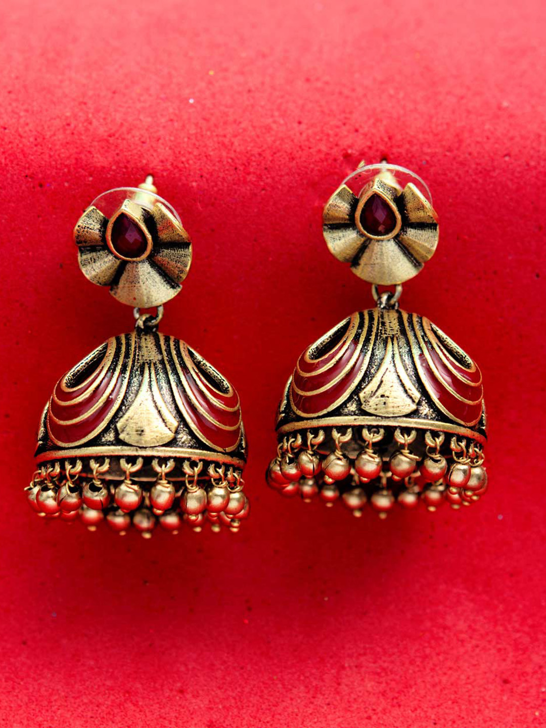 

Voylla Gold-Plated & Maroon Handcrafted Dome Shaped Jhumkas