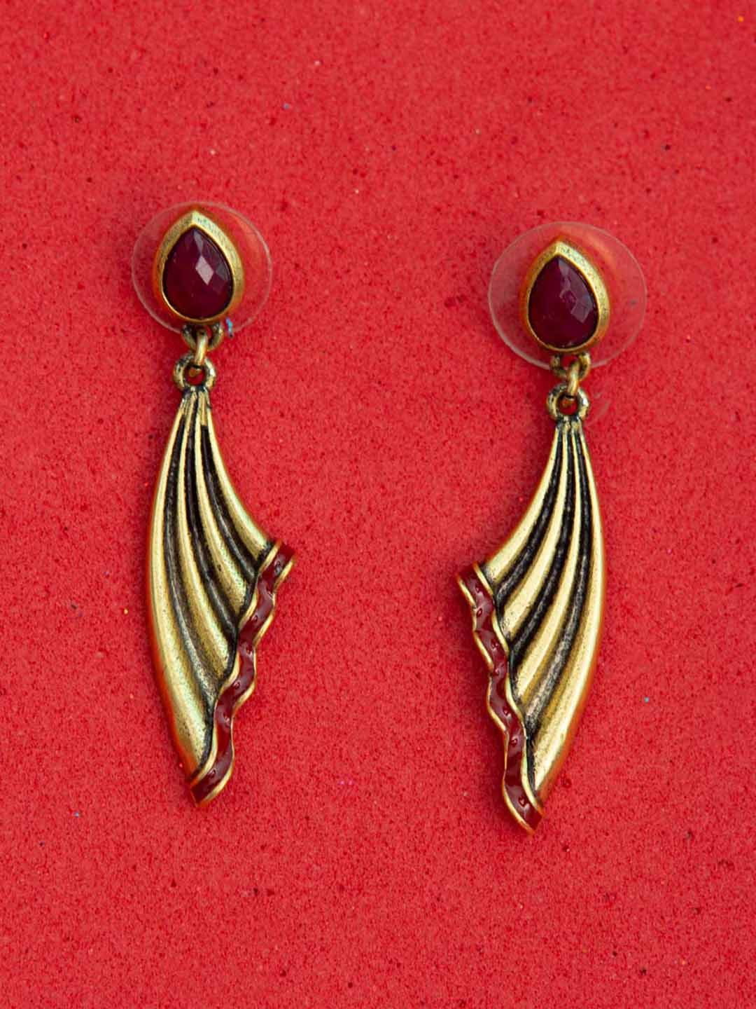 

Voylla Gold-Plated & Maroon Contemporary Handcrafted Drop Earrings