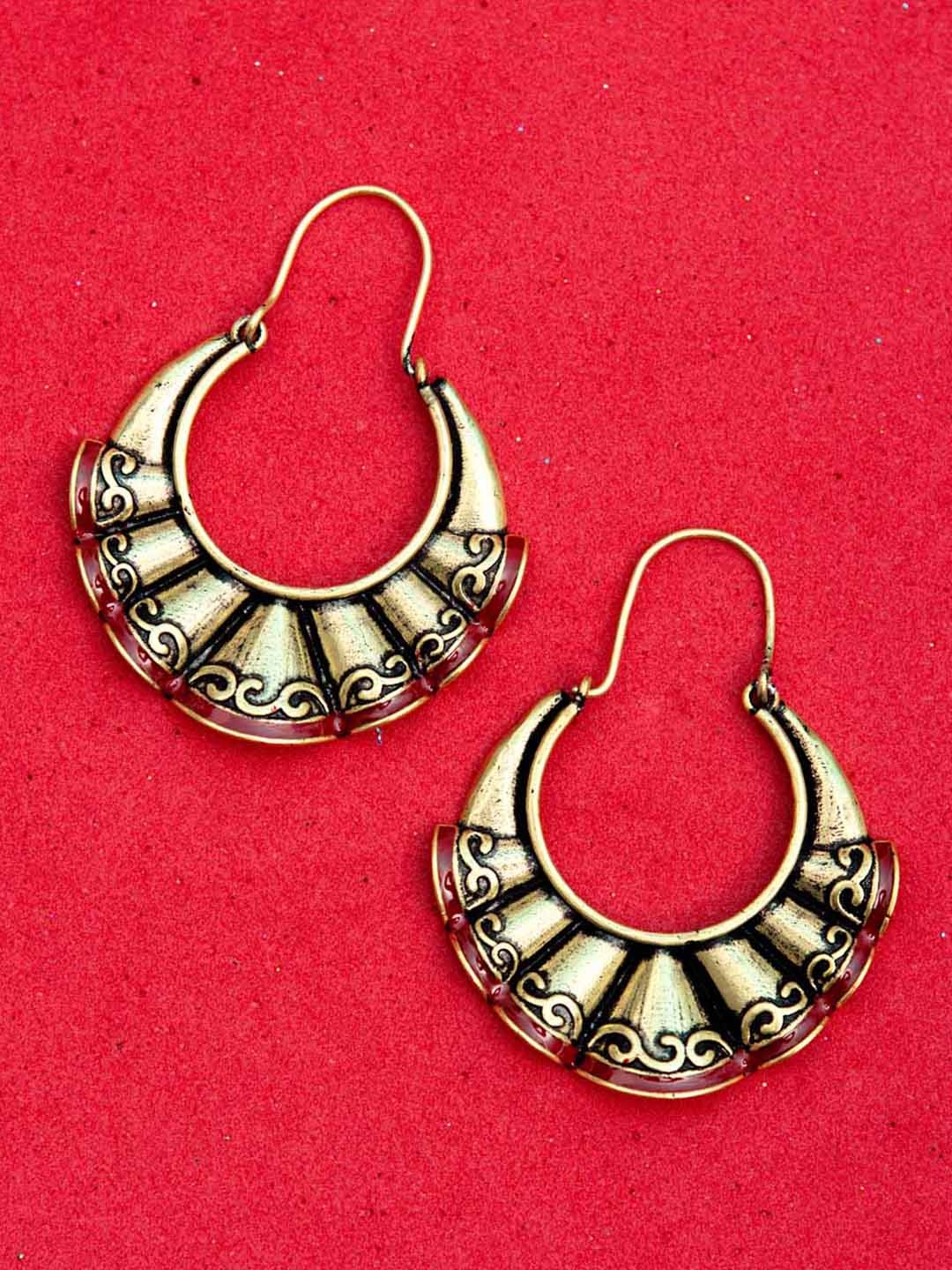 

Voylla Gold-Plated & Maroon Handcrafted Circular Hoop Earrings
