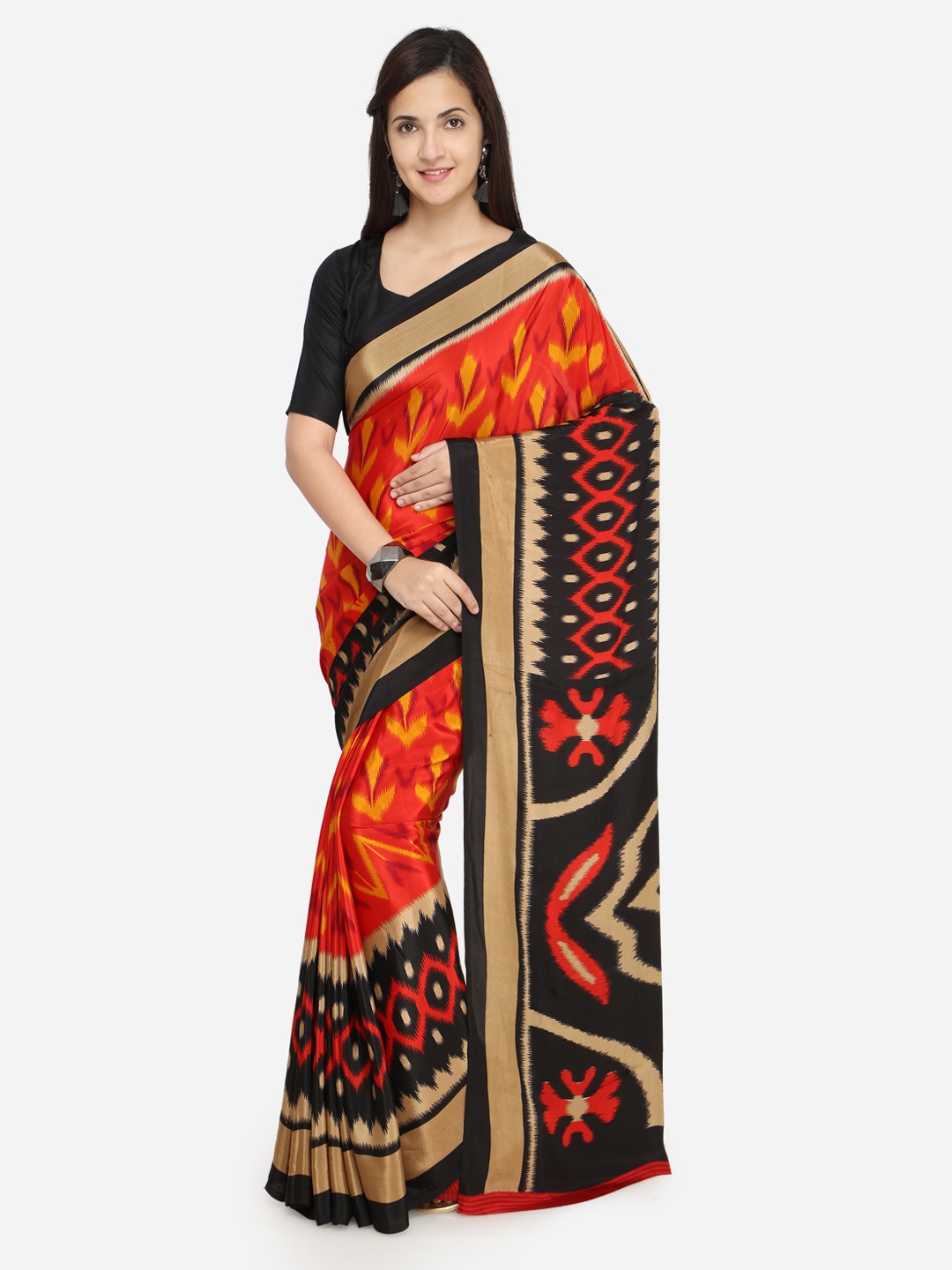 Kvsfab Red & Black Pure Crepe Printed Saree