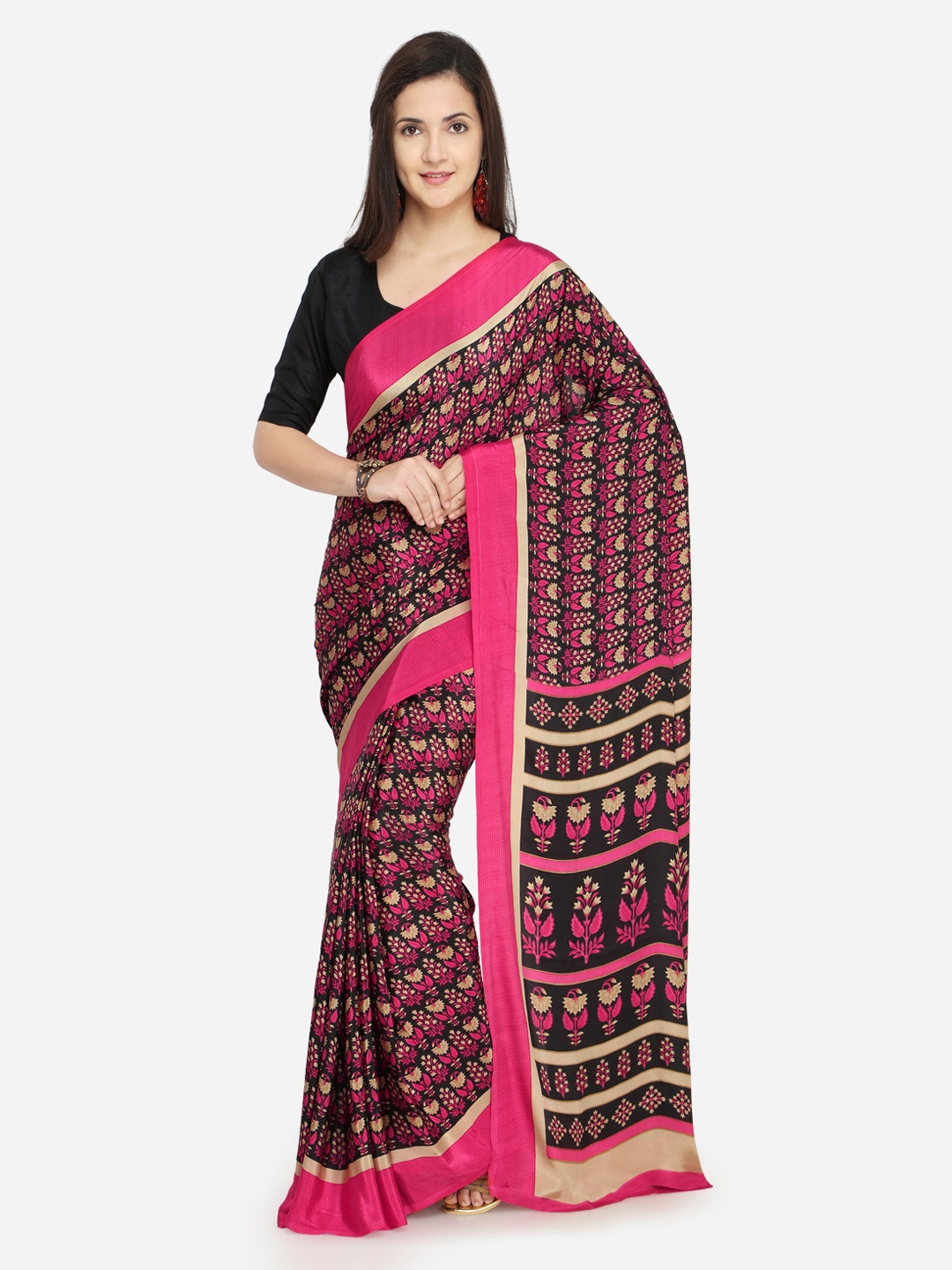 

Kvsfab Black & Pink Pure Crepe Printed Saree