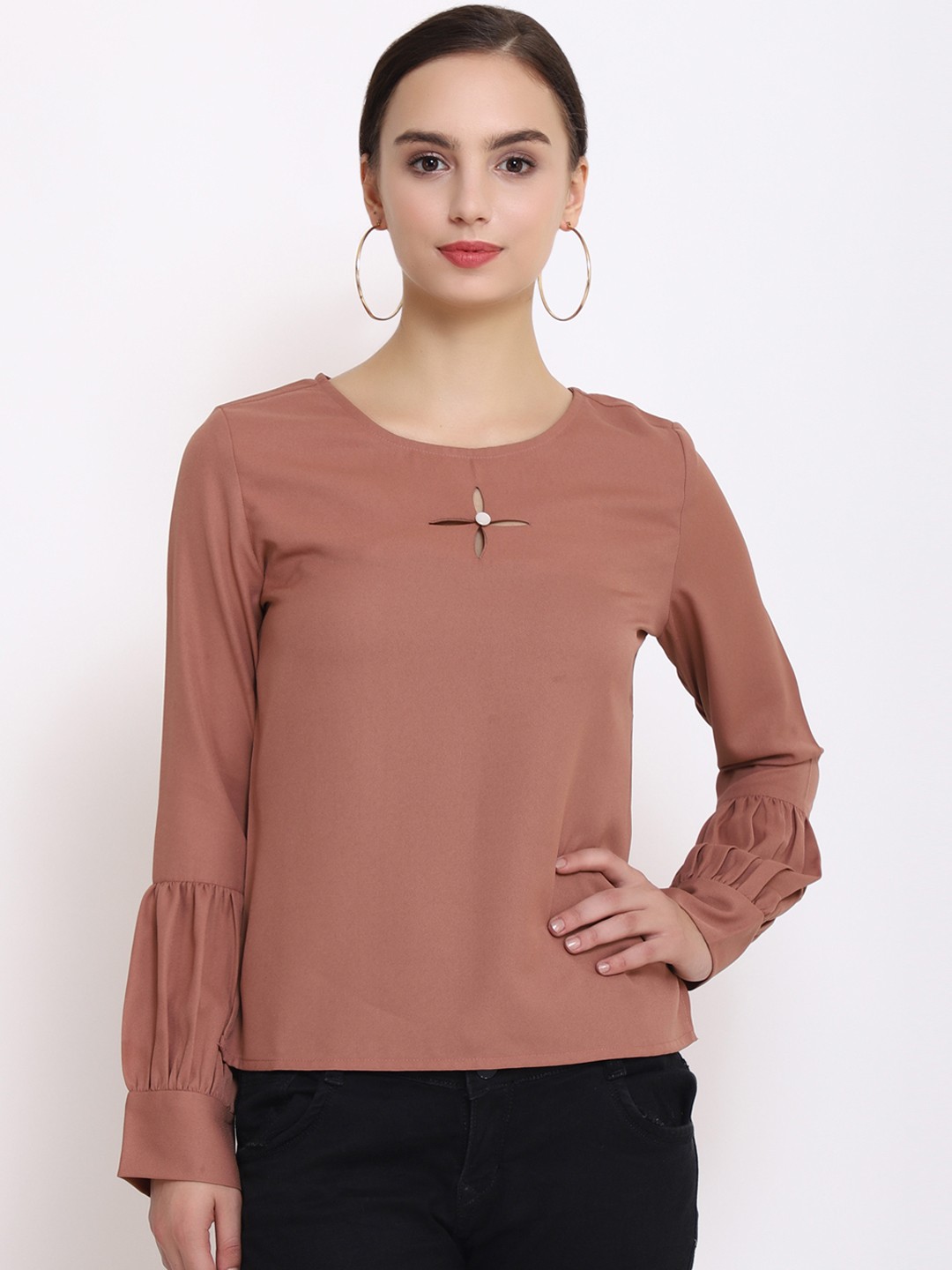 

PURYS Women Brown Solid A-Line Top