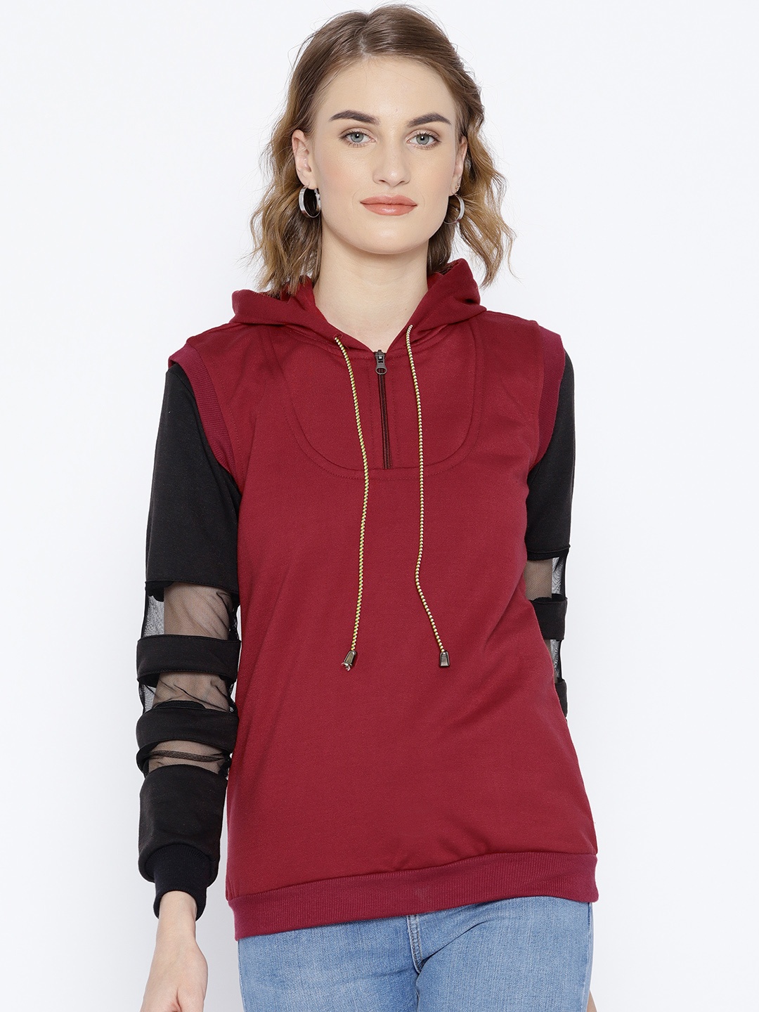 

Belle Fille Women Maroon Solid Hooded Sweatshirt