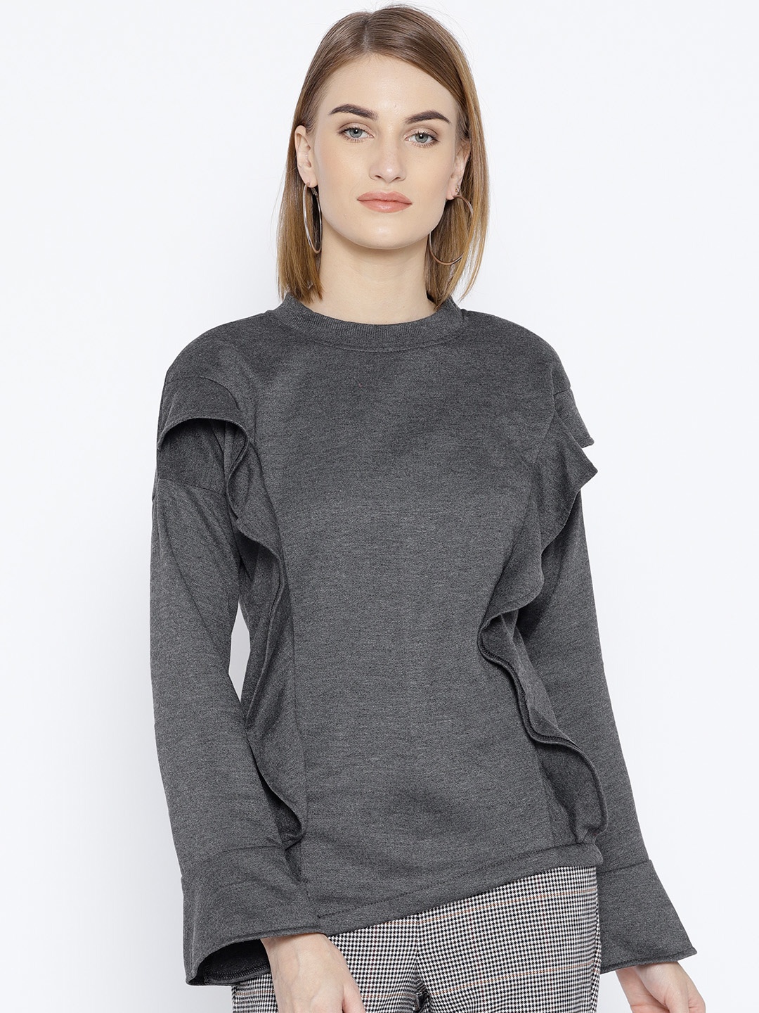 

Belle Fille Women Charcoal Solid Sweatshirt with Ruffle Detail