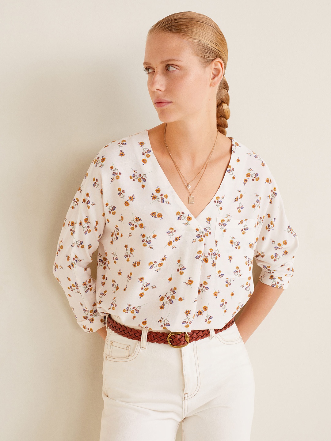 

MANGO Women Off-White Printed Top