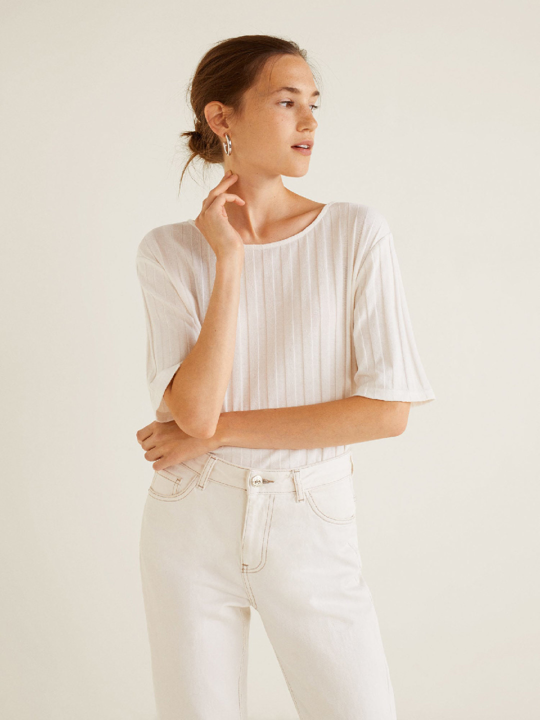 

MANGO Women White Self-Striped Top