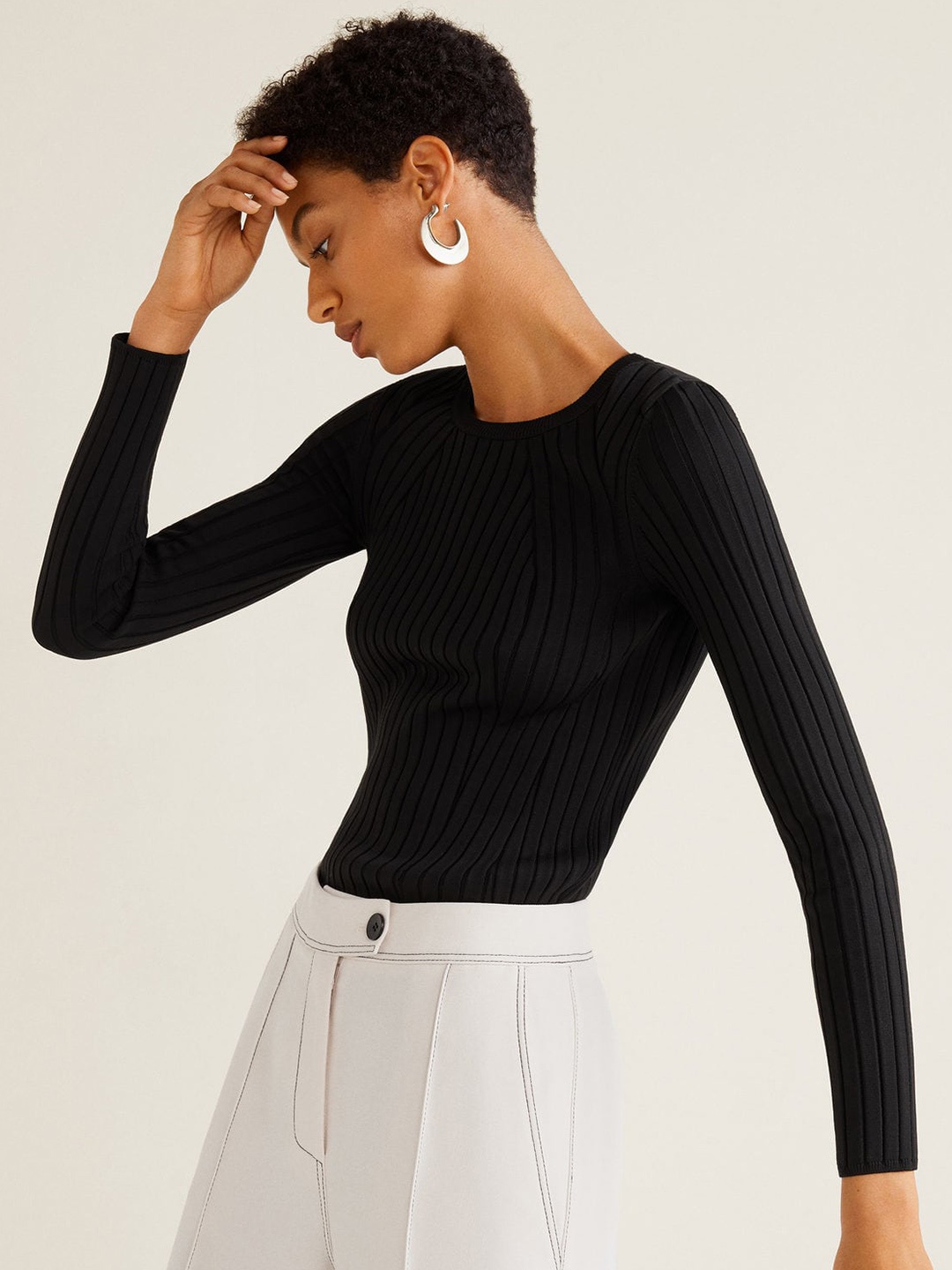 

MANGO Women Black Solid Ribbed Sweater