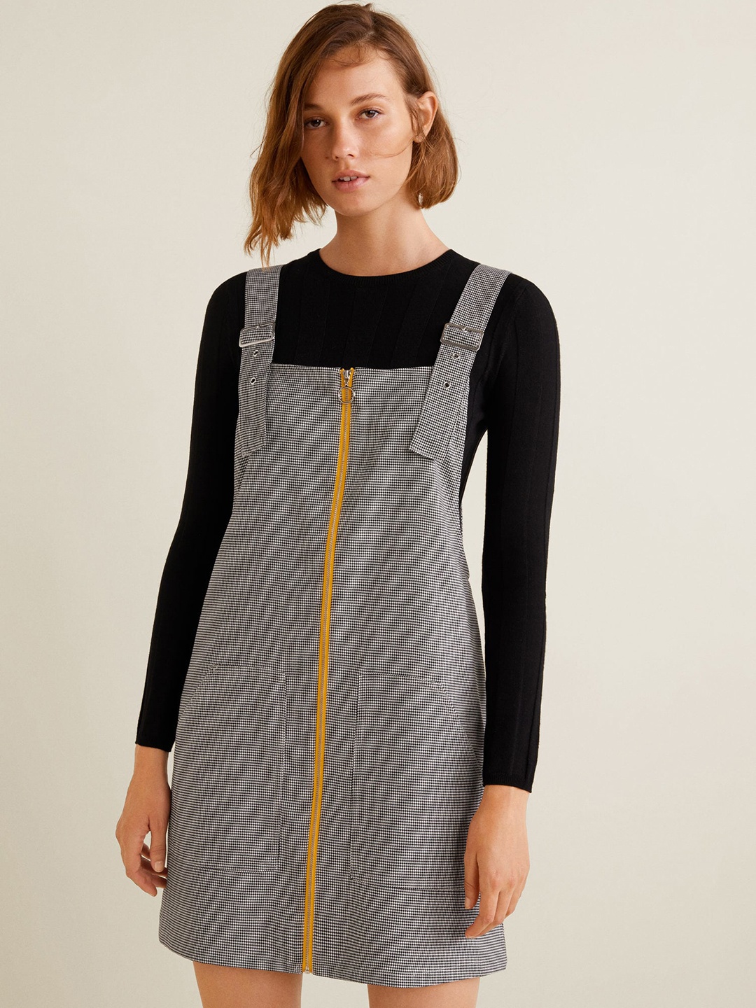 

MANGO Women White & Black Checked Pinafore Dress