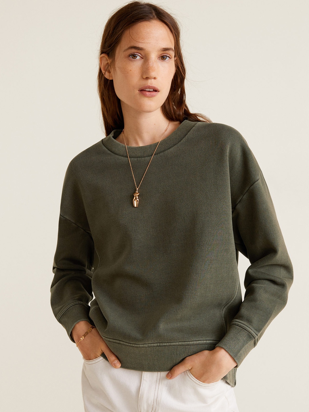 

MANGO Women Olive Green Solid Sweatshirt