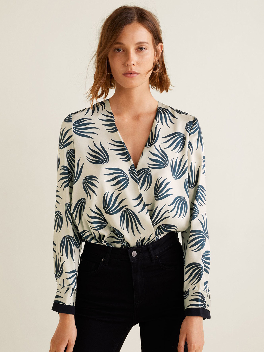 

MANGO Women Beige & Teal Blue Printed Wrap Top