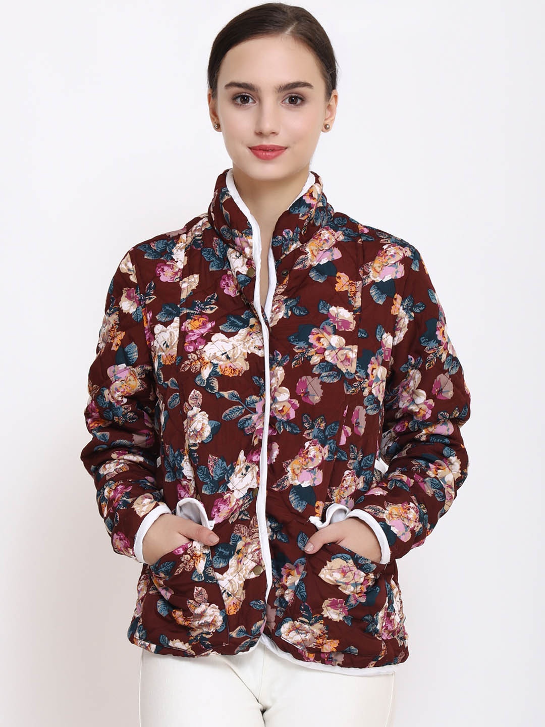 

PURYS Women Maroon Printed Quilted Jacket