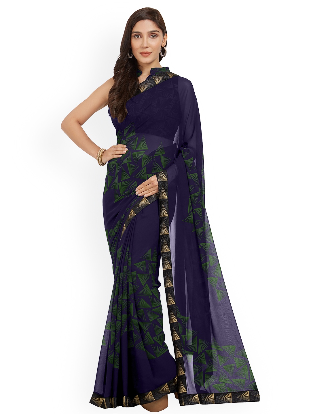 

MIRCHI FASHION Navy Blue & Green Poly Georgette Printed Saree
