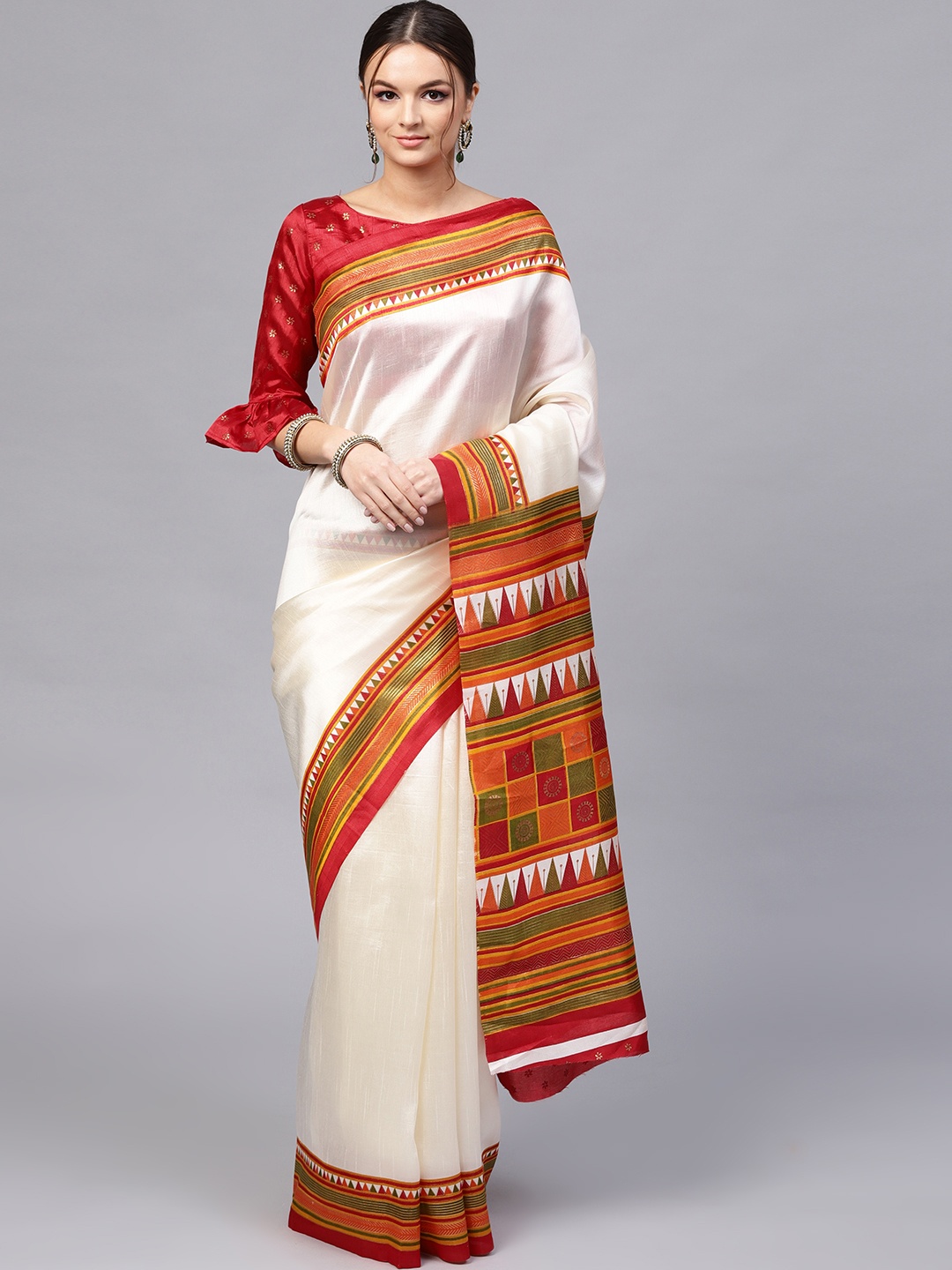 

Saree mall Off-White & Red Solid Kasavu Saree