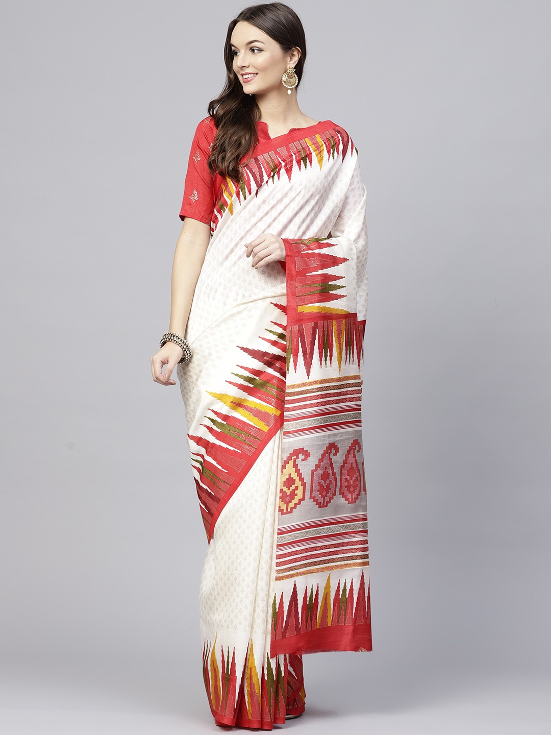 

Saree mall Off-White & Red Printed Kasavu Saree