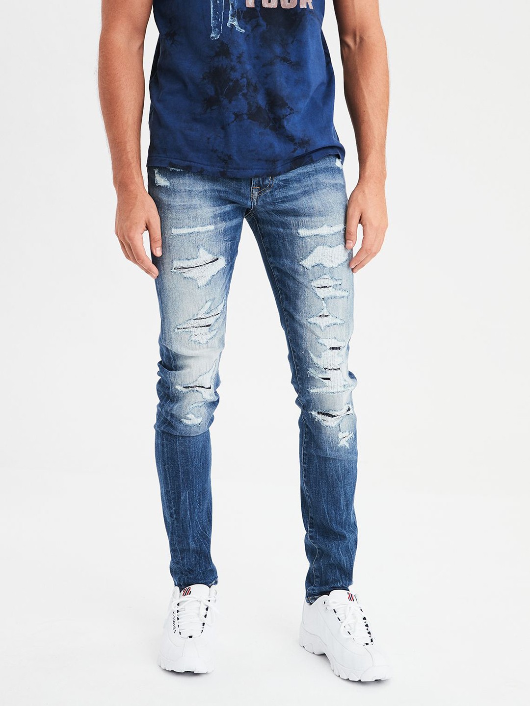 

AMERICAN EAGLE OUTFITTERS Men Blue Skinny Fit Mid-Rise Highly Distressed Stretchable Jeans