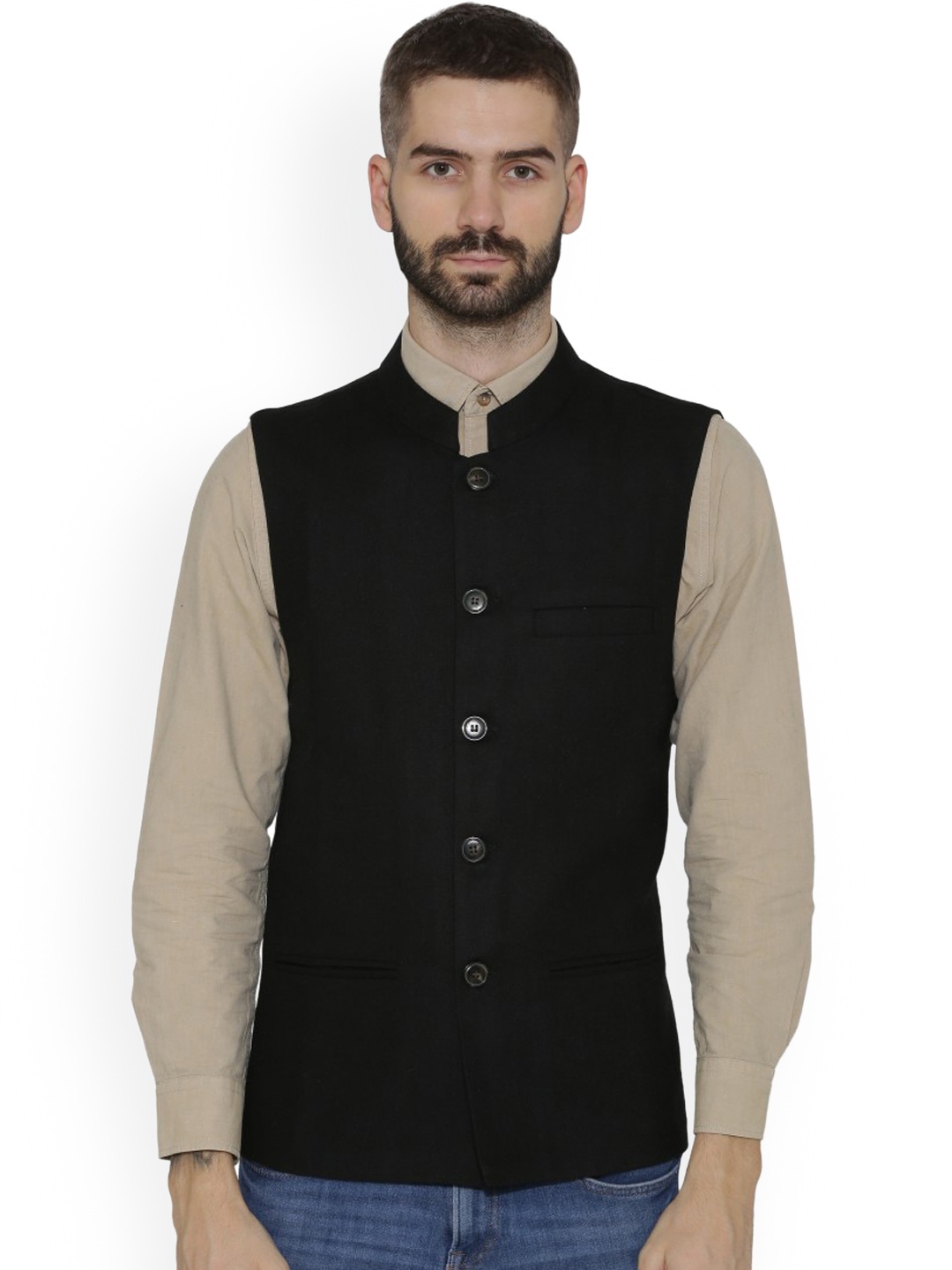 

NEUDIS Men Black Solid Woollen Nehru Jacket