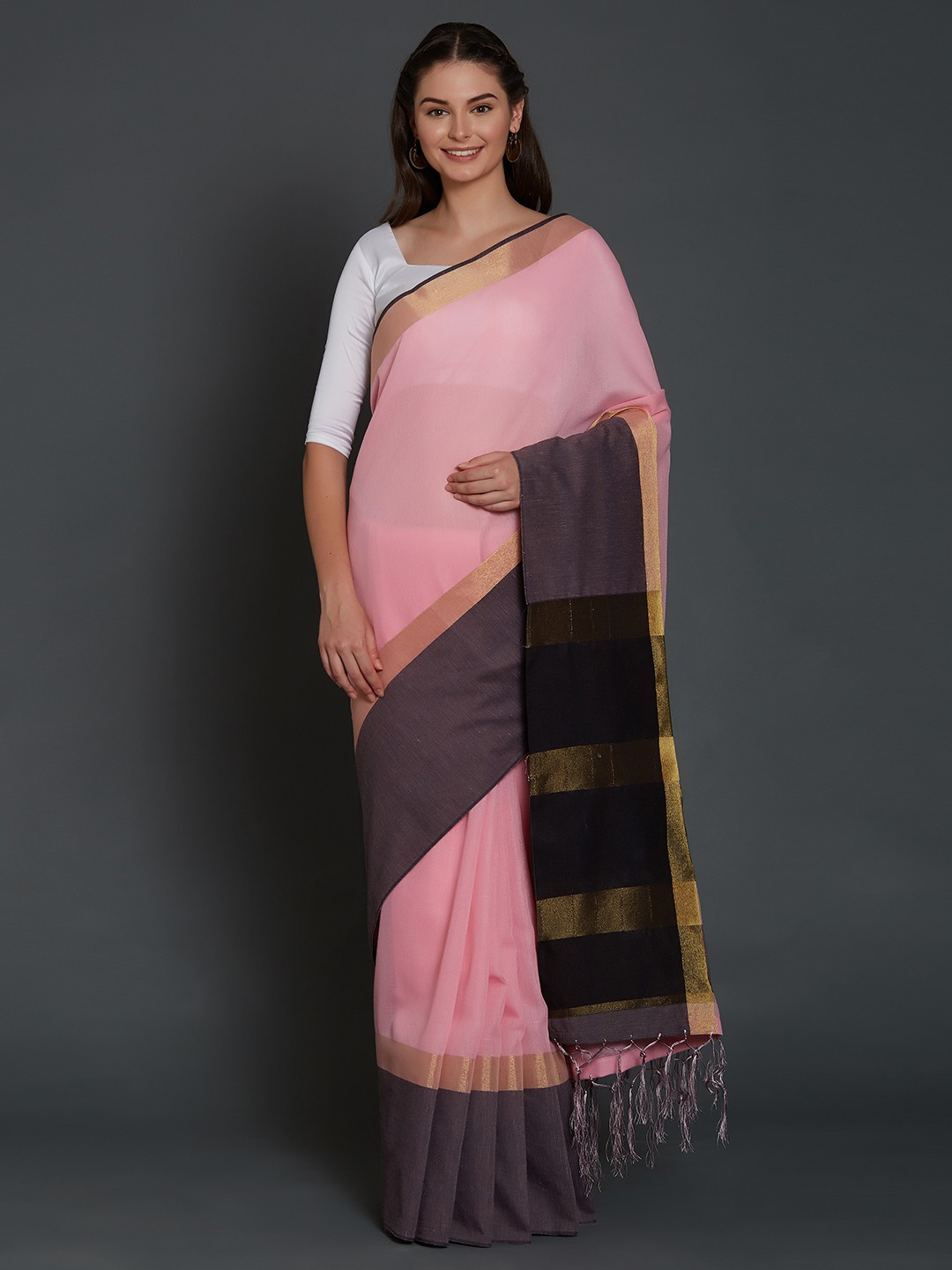 

Mitera Pink & Charcoal Grey Silk Cotton Solid Saree