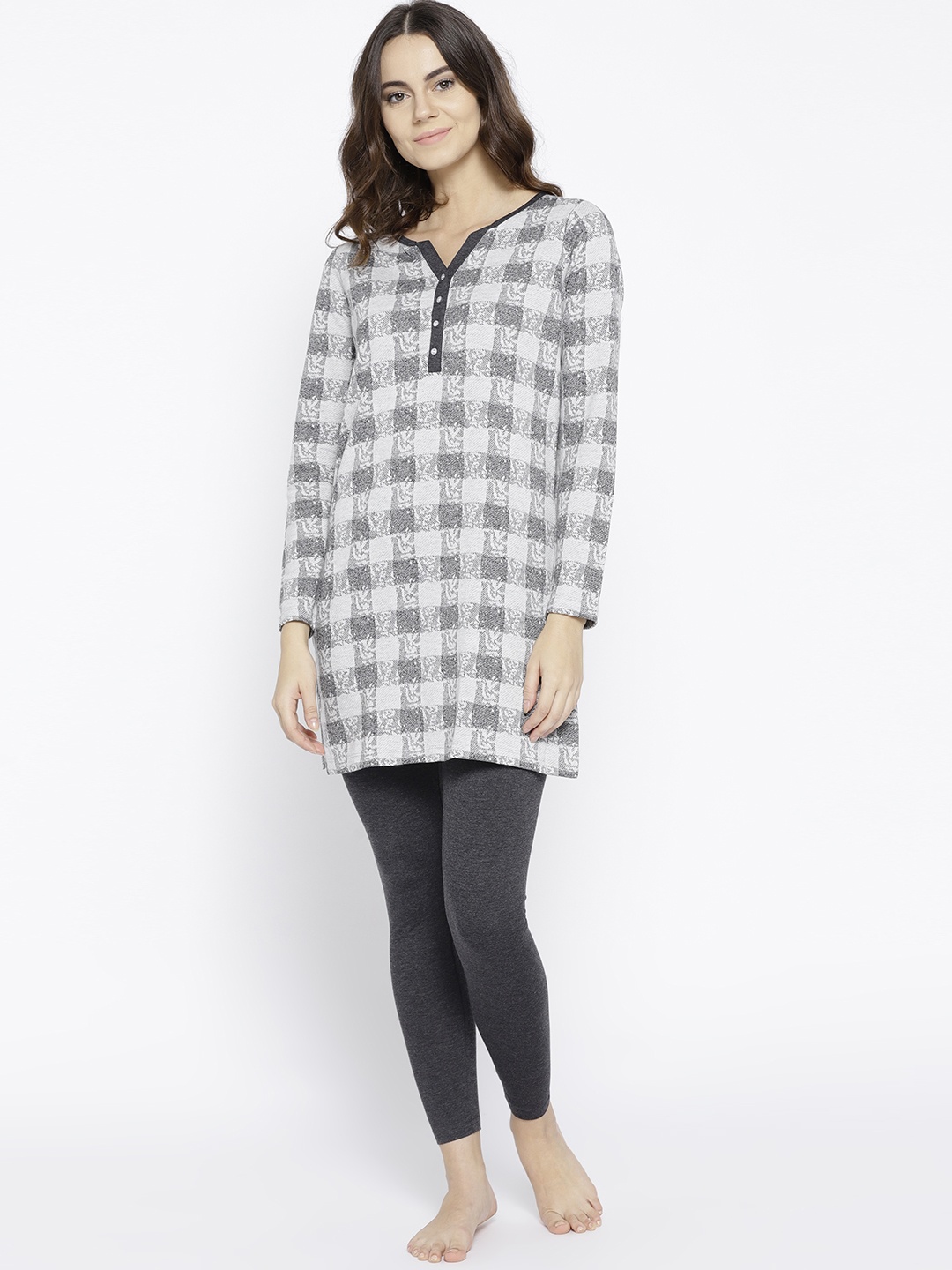 

Sweet Dreams Women Charcoal Grey & Off-White Checked Night suit 227978