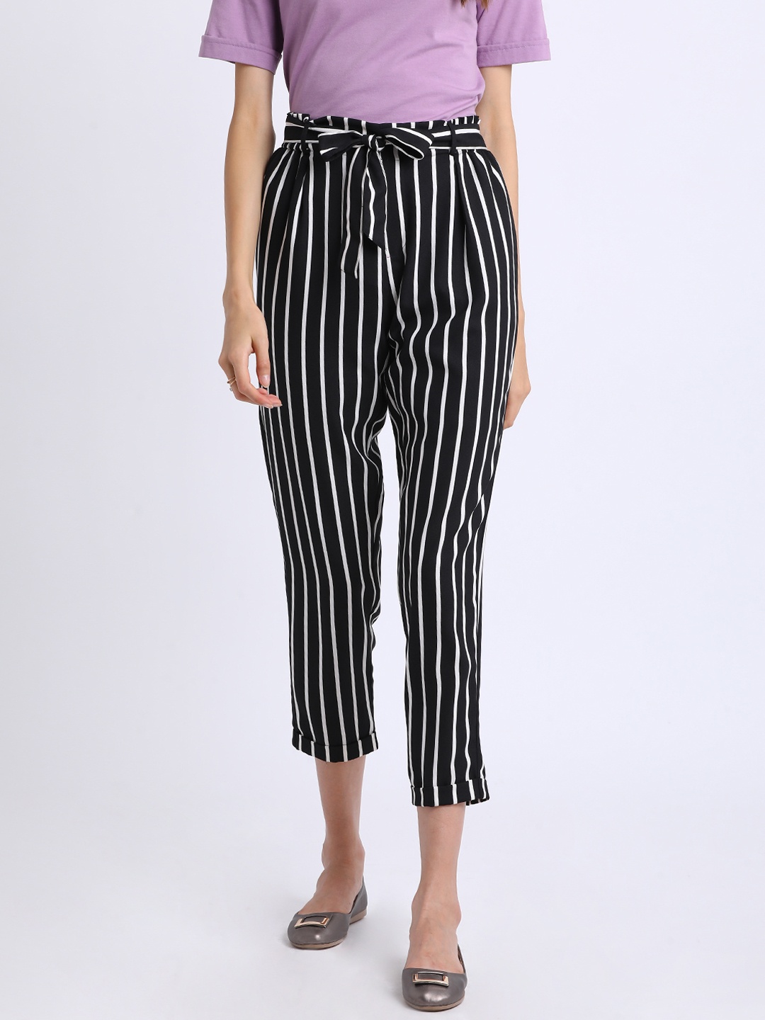 

Besiva Women Black & White Regular Fit Striped Peg Trousers