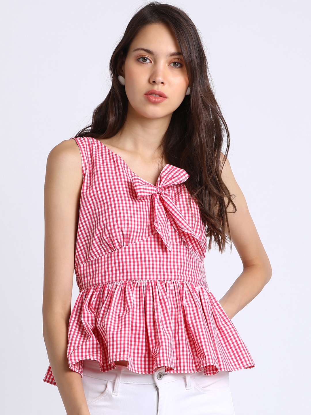 

Besiva Women Pink Checked Peplum Top