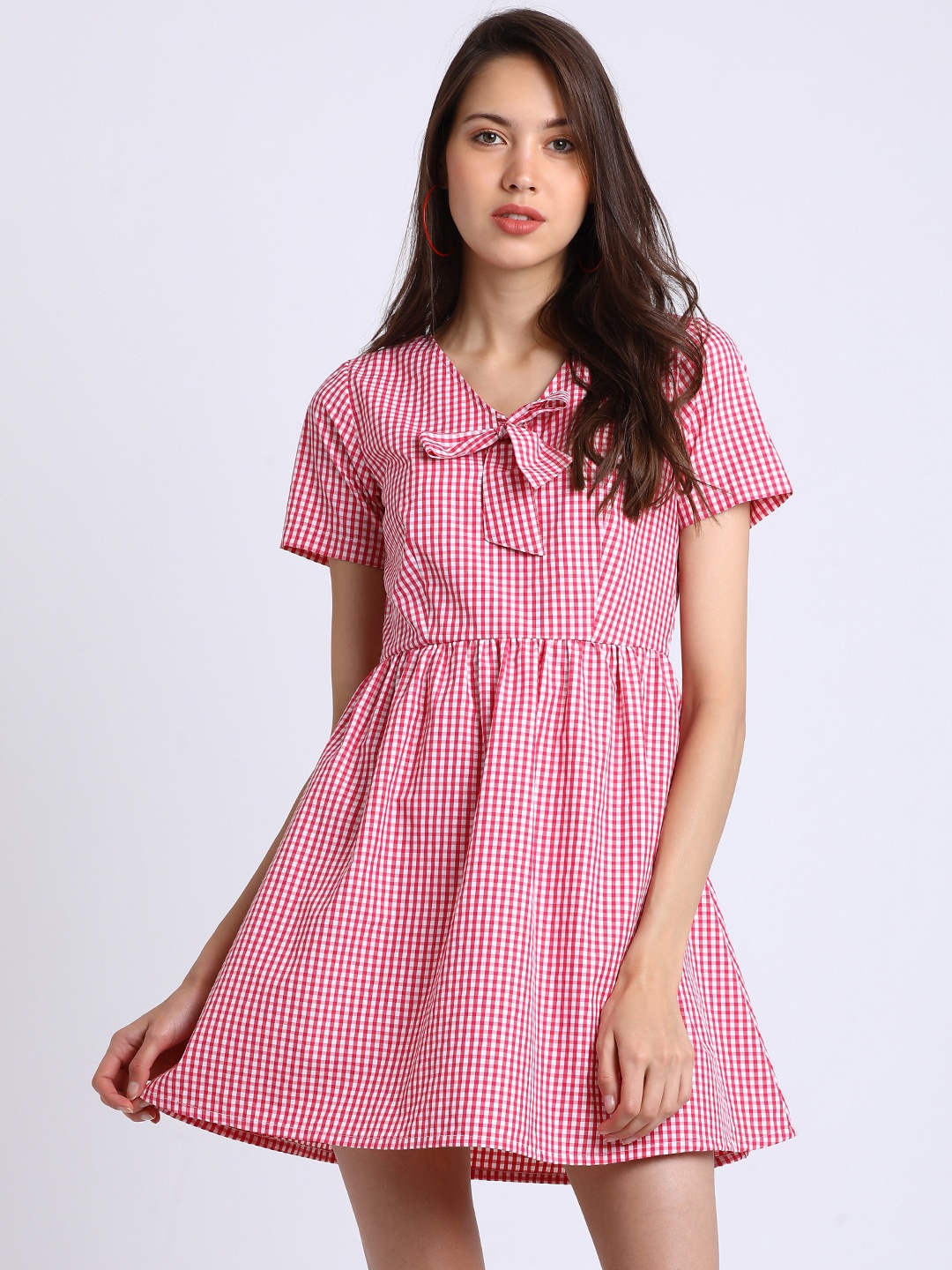 

Besiva Women Pink Checked Fit and Flare Dress