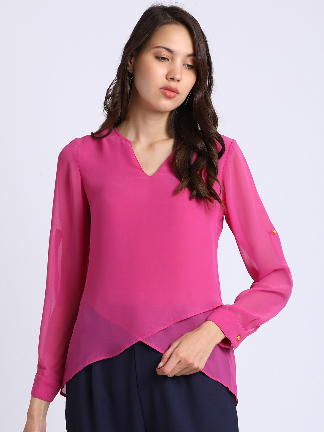 

Besiva Women Pink Solid Tiered Top