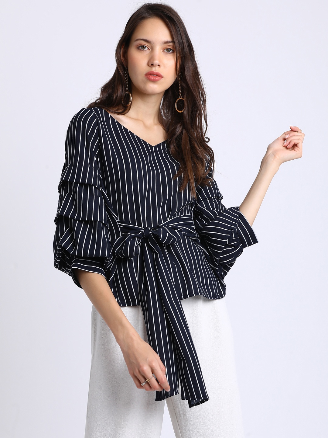 

Besiva Women Navy Blue Striped Cinched Waist Top