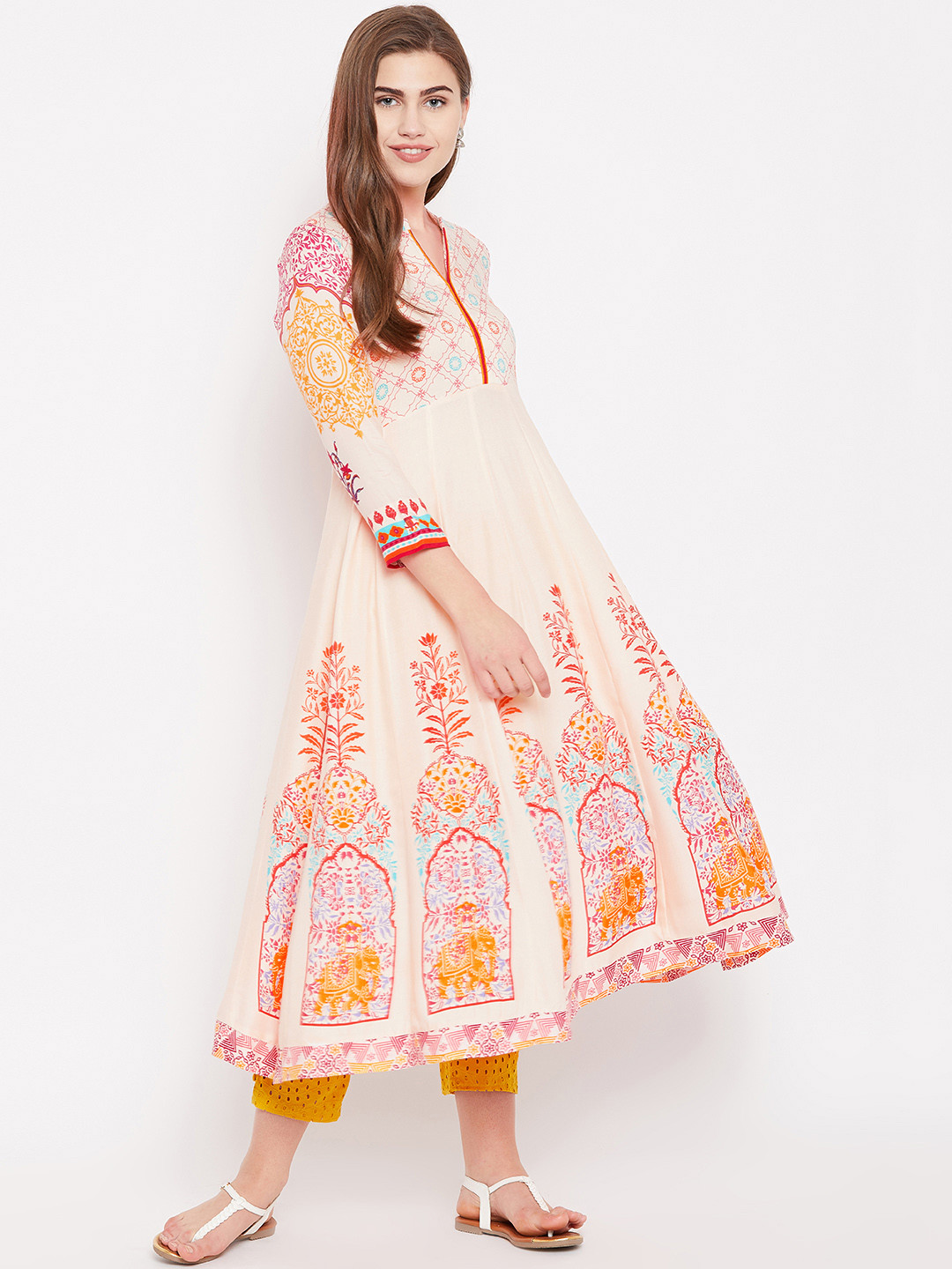 

Rangriti Women Peach-Coloured & Pink Printed Anarkali Kurta