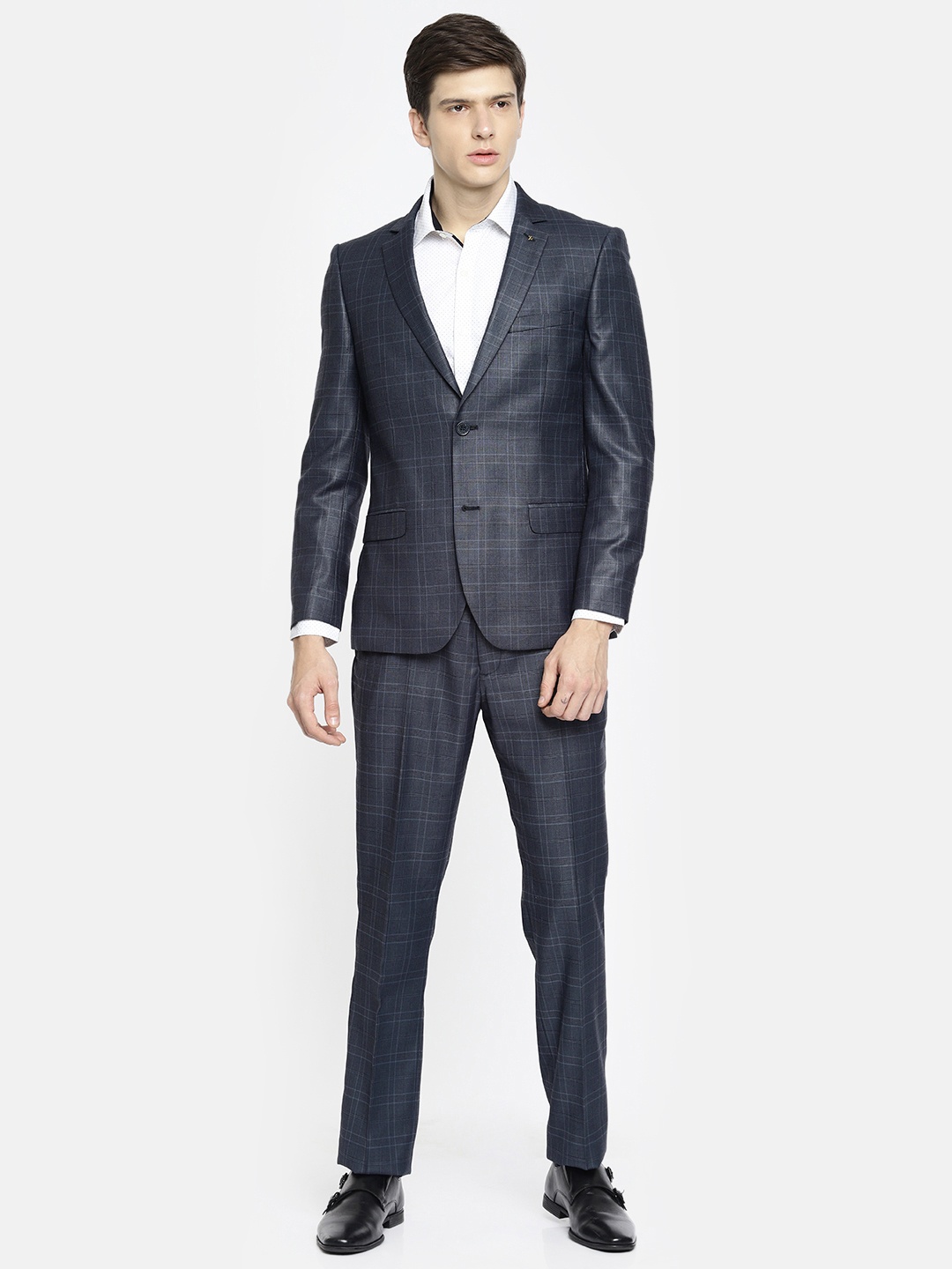 

Arrow Men Navy Blue & Grey Checked Body Tailored Fit Single-Breasted Formal Suit