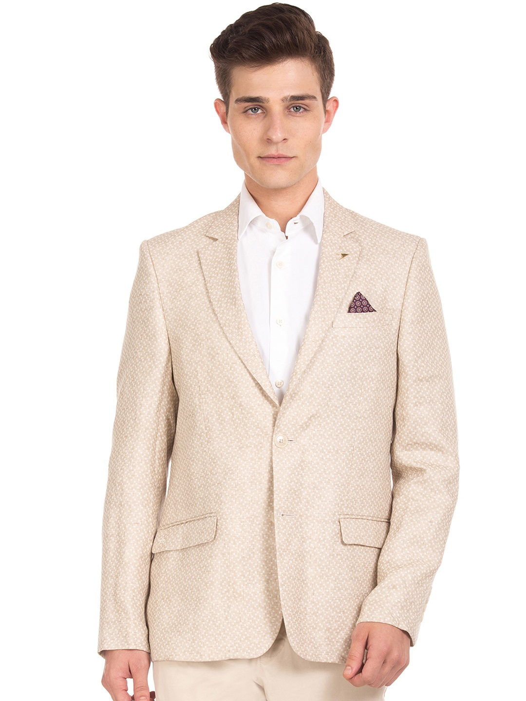 

Arrow Men Beige Self-Design Single-Breasted Blazer