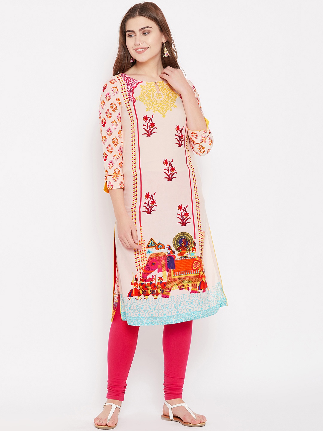 

Rangriti Women Peach-Coloured & Magenta Printed Straight Kurta