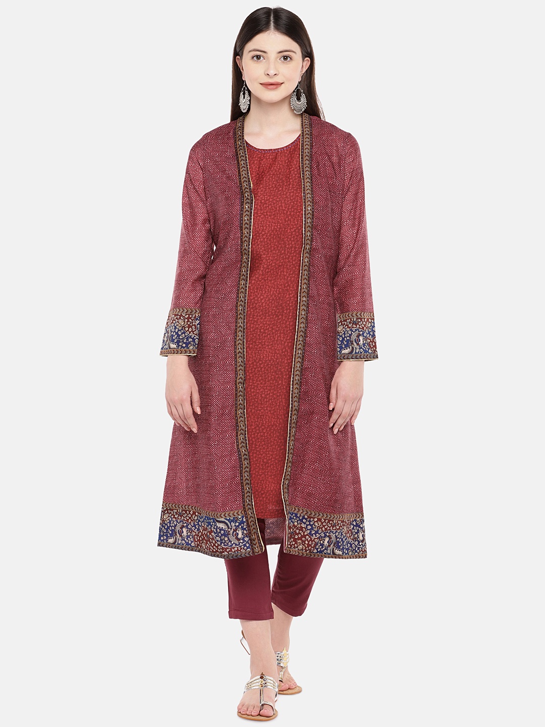 

Rangriti Women Maroon Printed Layered Kurta with Trousers