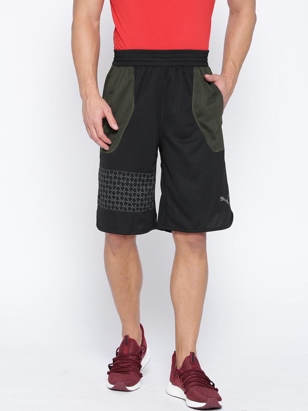 

Puma Men Black & Olive Green Colourblocked N.R.G. Reversible 11" Sports Shorts