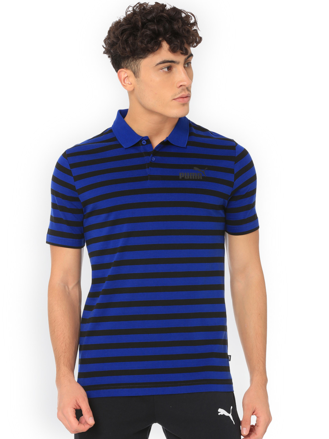 

Navy Blue & Black Striped Polo Collar T-Shirt
