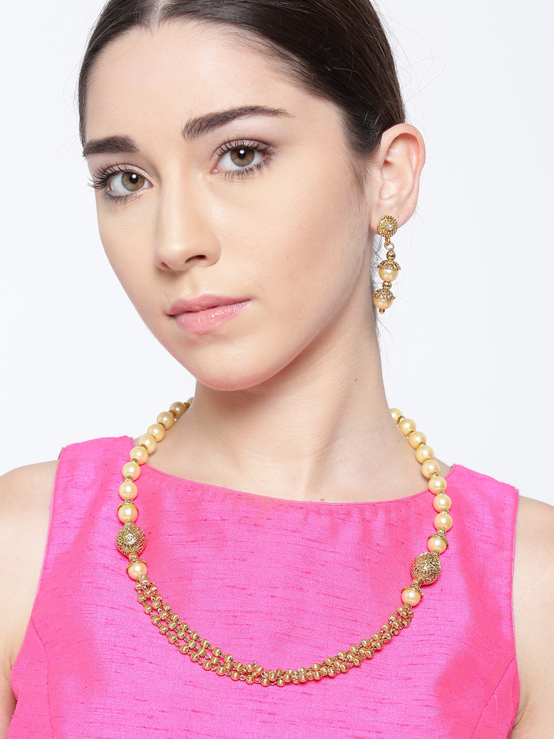 

Priyaasi Off-White Antique Gold-Plated Beaded Multistranded Jewellery Set
