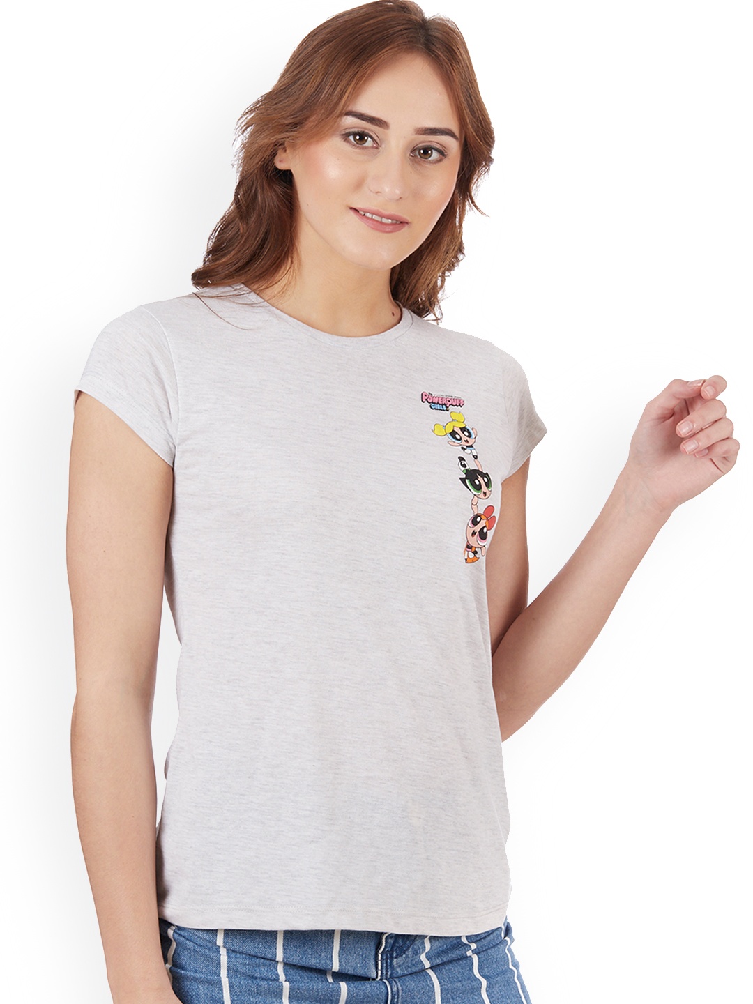 

Free Authority Women Grey Melange Power Puff Girls Printed Round Neck T-Shirt