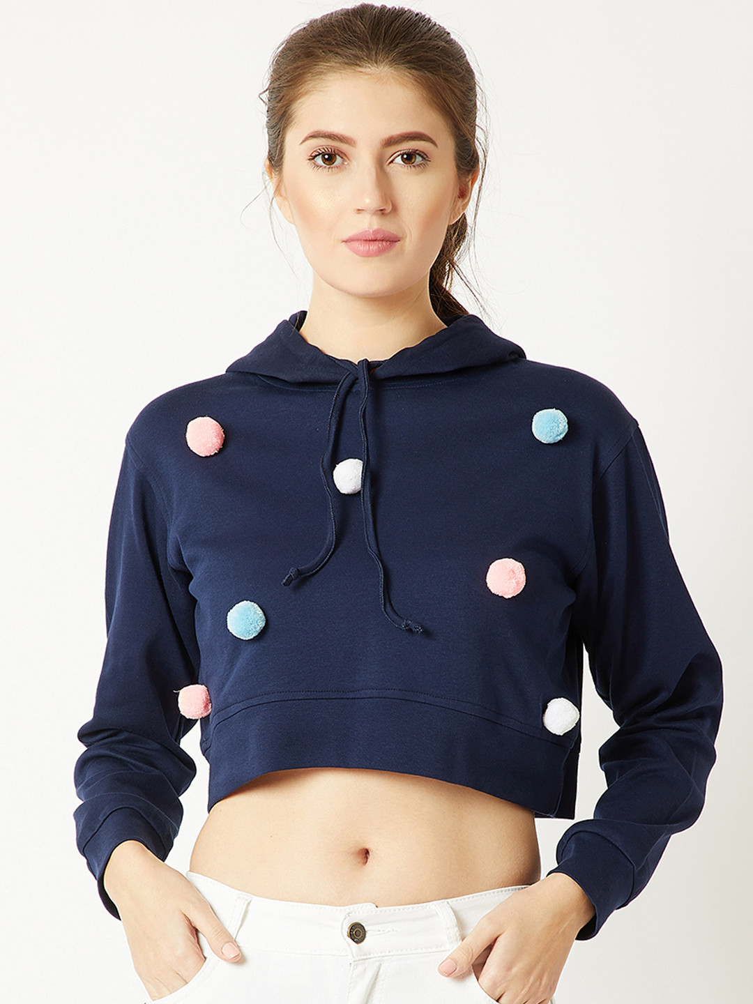 

Miss Chase Women Navy Blue Printed Hooded Cropped Sweatshirt