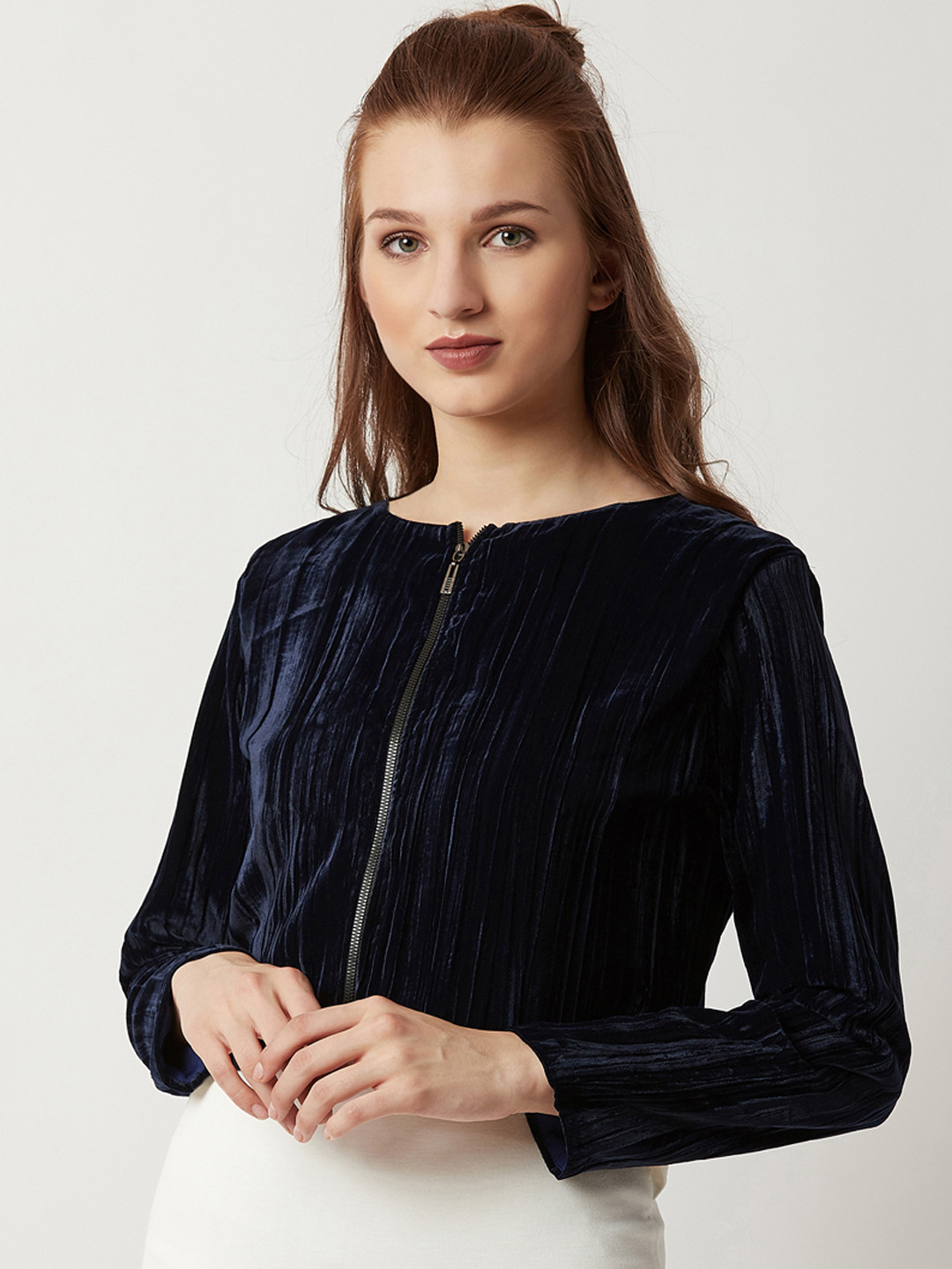 

Miss Chase Women Navy Blue Self Design Lightweight Tailored Jacket