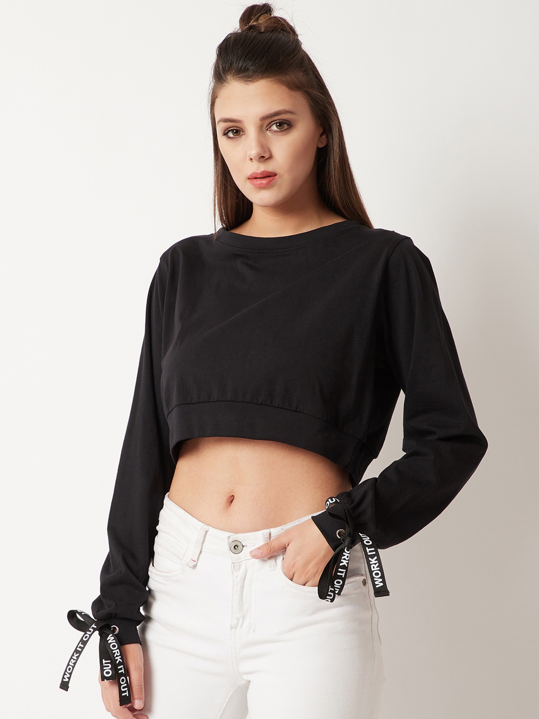 

Miss Chase Women Black Solid Crop Pure Cotton Top