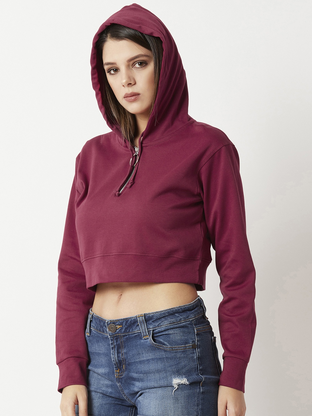 

Miss Chase Women Maroon Solid Hooded Crop Sweatshirt