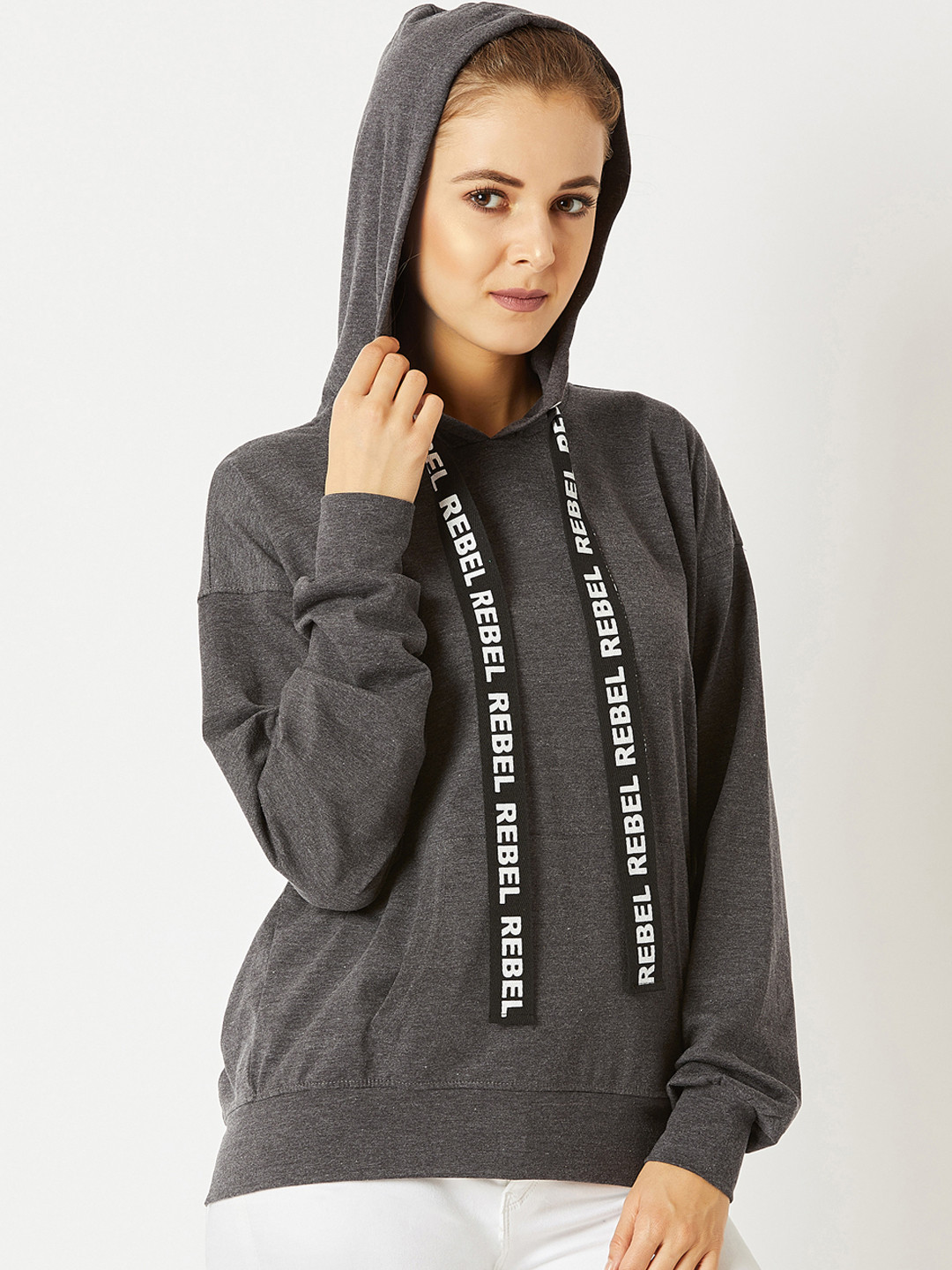 

Miss Chase Women Grey Solid Hooded Sweatshirt