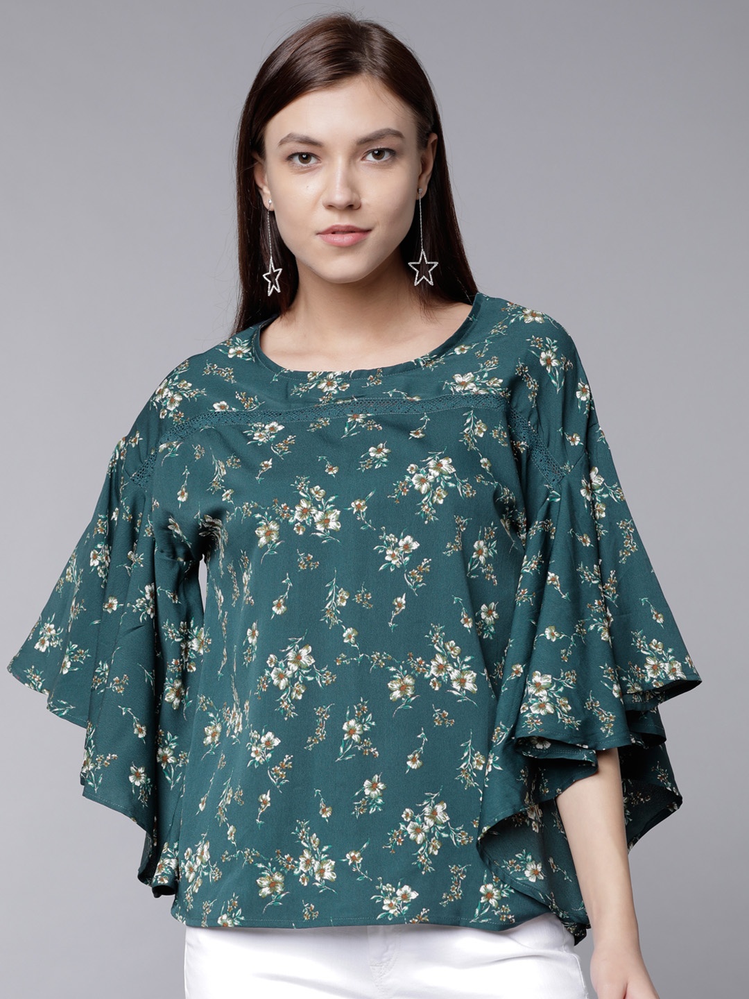 

Tokyo Talkies Women Green Floral Print A-Line Top