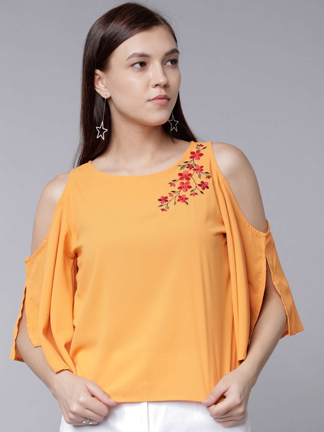 

Tokyo Talkies Women Mustard Yellow Solid Embroidered A-Line Top