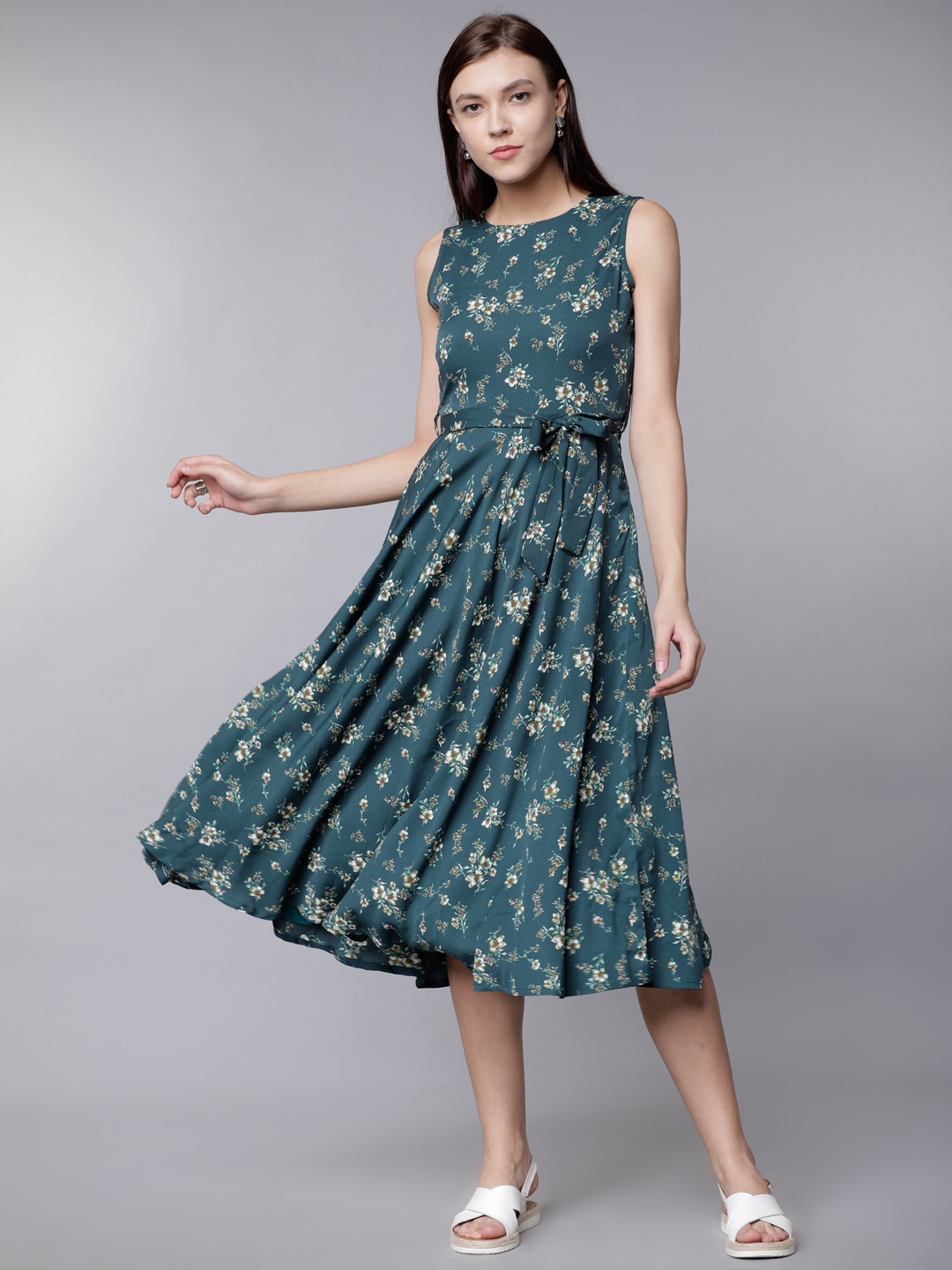 

Tokyo Talkies Women Teal Blue Floral Print Fit and Flare Dress